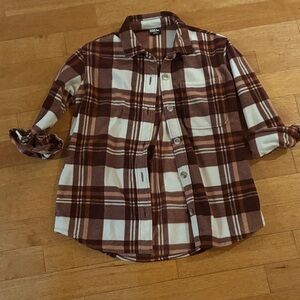 Eddie Bauer micro fleece Plaid Shirt in Brown/maroon and White. Small euc $70